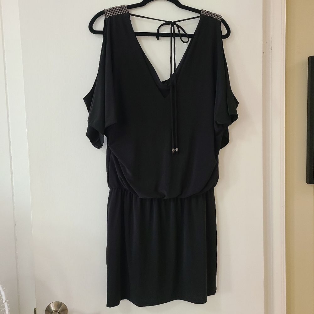 Cache Black Dress with Rhinestone shoulder accent